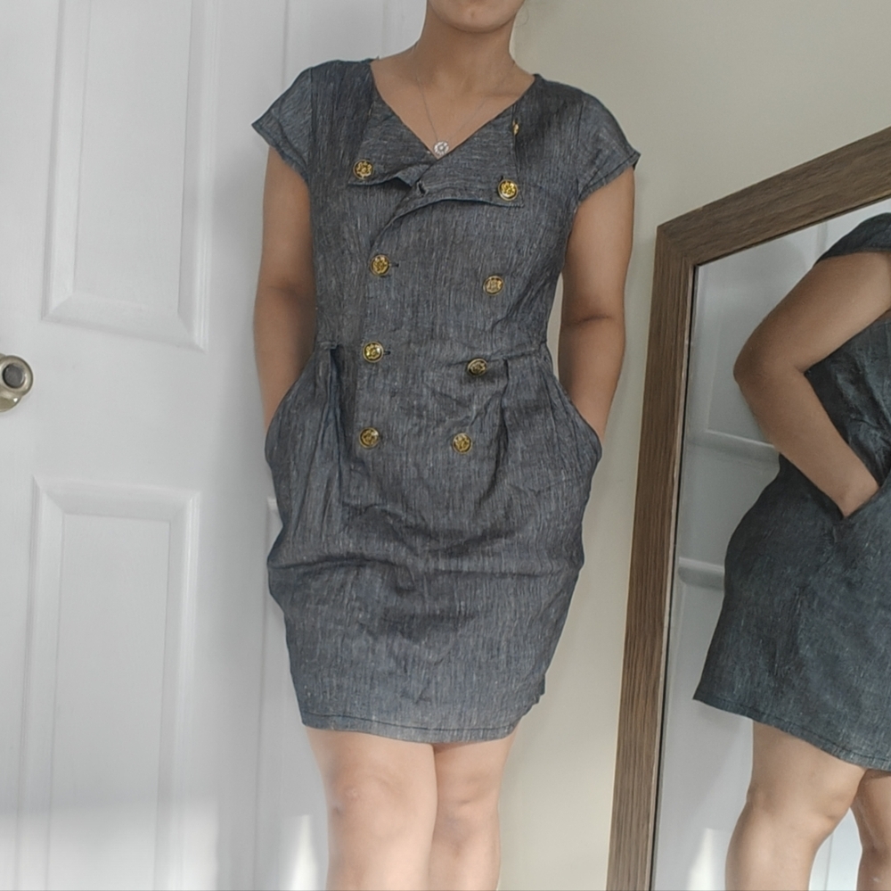 Kimchi Blue M Sheath Dress Grey Linen Button Chambray Pockets Short Sleeve